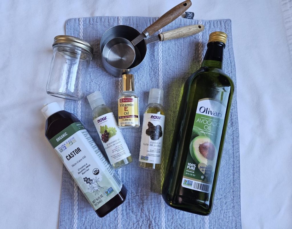 Things needed to make nourishing hair oil. 