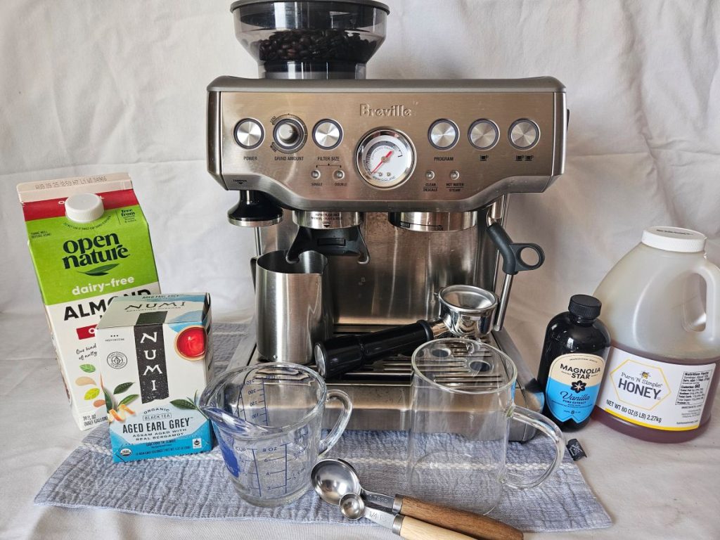 Espresso maker and ingredients to make a London Smog